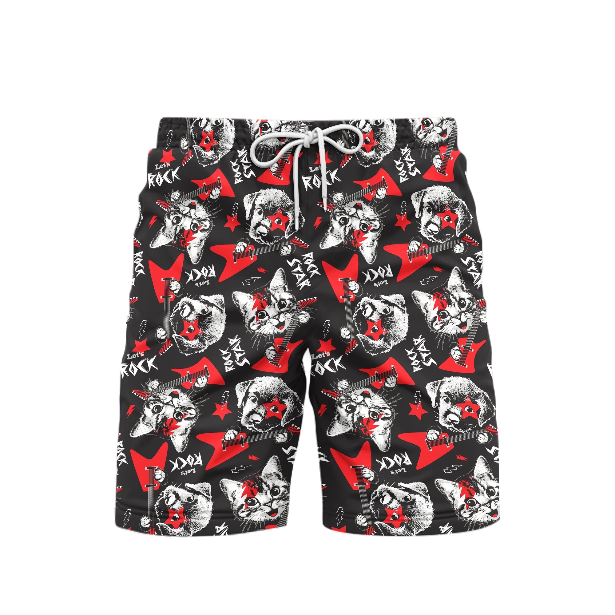 Cat Dog Play Rock On Electric Guitar Beach Shorts For Men