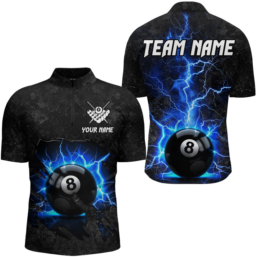 Billiard Polo Shirts, Blue 8 Ball Pool Thunder Lightning Custom Billiard Shirts, Team League Billiard Jerseys Uniform, Billiards Team Shirts