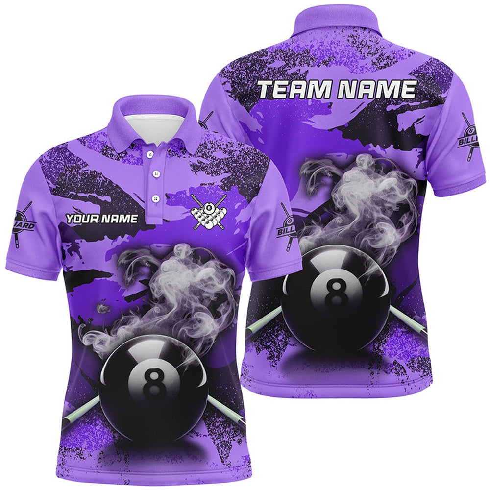Billiard Polo Shirts, Personalized 8 Ball Pool & Cue Smoke Custom Purple Camo Billiard Shirts, Billiard Snooker Outfits, Billiards Team Shirts
