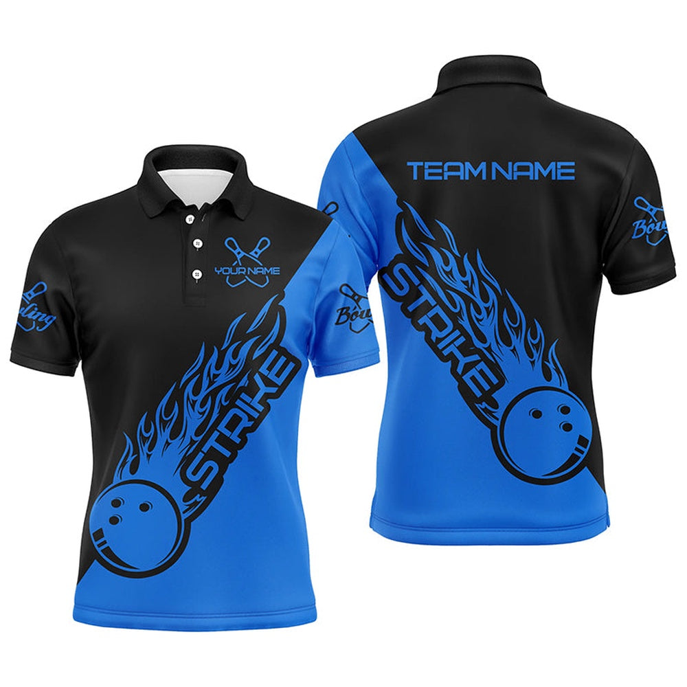 Custom Bowling Polo Shirts, Custom Bowling Shirts For Men And Women, Bowling Team Shirts Bowling Strike Black And Blue