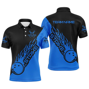 Custom Bowling Polo Shirts, Custom Bowling Shirts For Men And Women, Bowling Team Shirts Bowling Strike Black And Blue