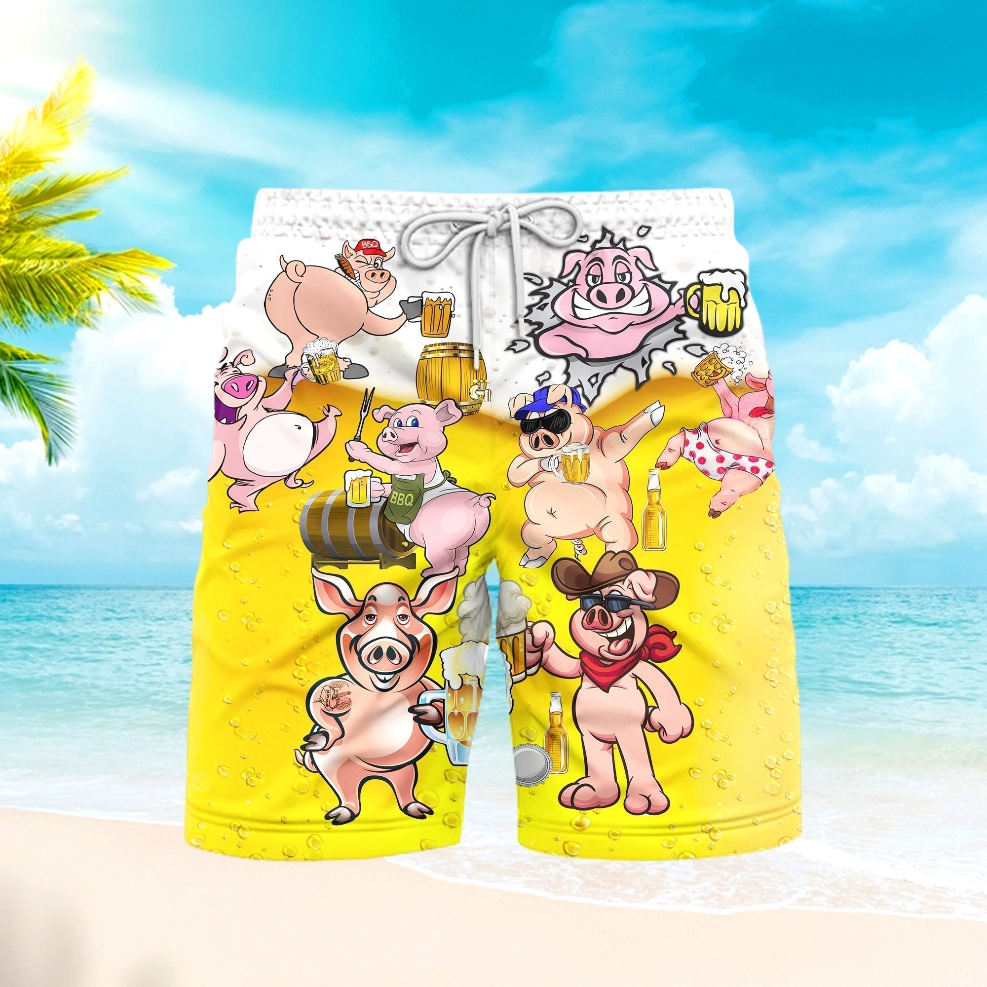 Funny Pig America Drinking Beer Beach Shorts For Men