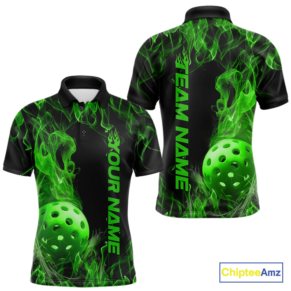 Custom Green Flame Pickleball Polo Shirts For Men, Fire Pickleball Jerseys Team Uniform IPHW9089