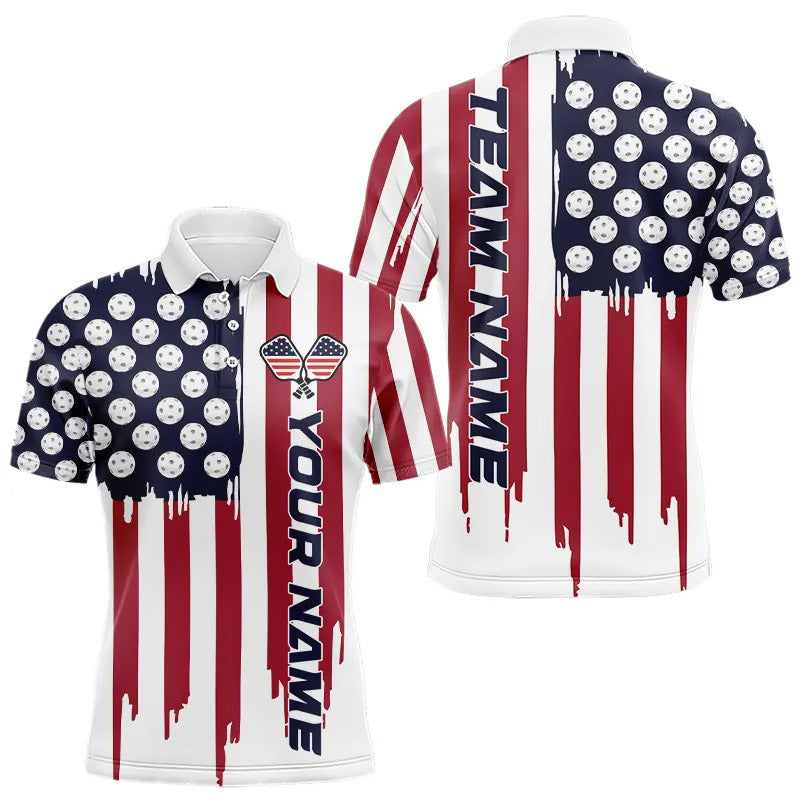 Custom American Flag Pickleball Polo Shirts For Men, Patriotic Pickleball Jerseys For Team IPHW8121