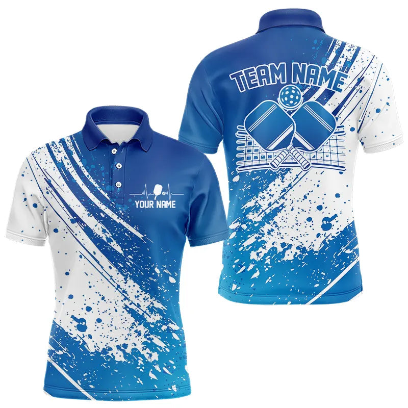Custom Blue And White Pickleball Polo Shirts For Men, Pickleball Heartbeat Pulse Line Shirt IPHW8200