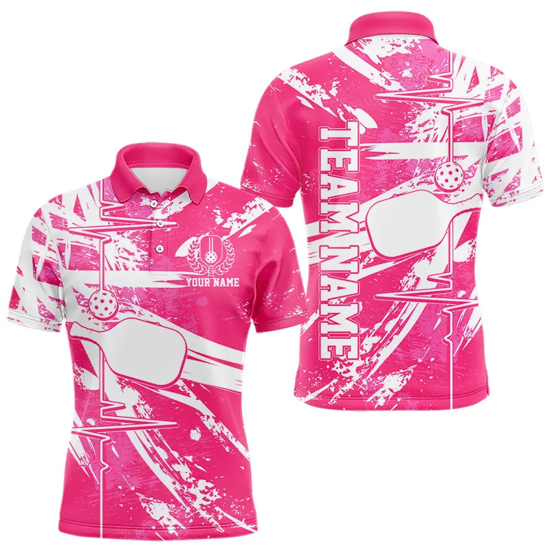 Pink And White Pickleball Heartbeat Pulse Line Custom Pickleball Team Polo Shirts For Men IPHW8212