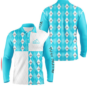 Men's Custom Cyan Blue and White Golf Polo Shirt with Golf Ball and Club Argyle Plaid Pattern N7447