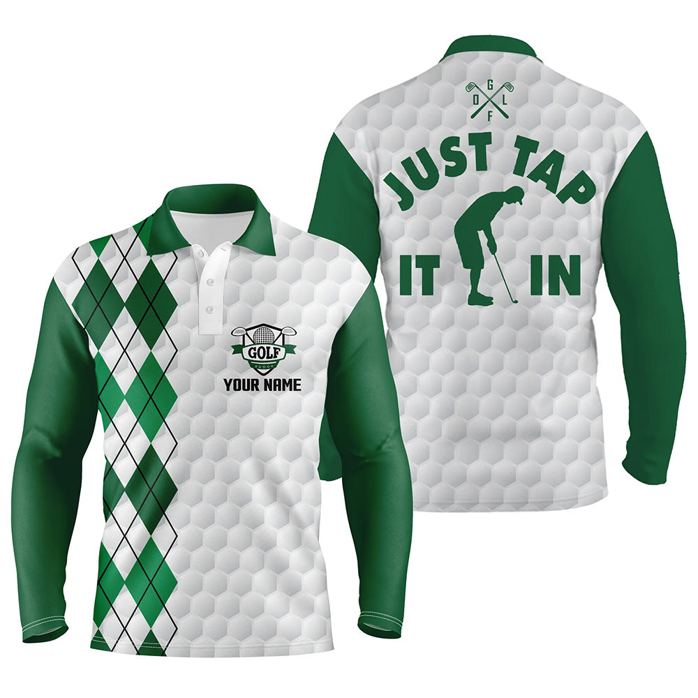 Men's Custom Name White Golf Polo with Green Argyle Pattern N5490
