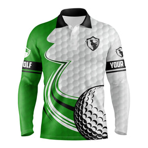 Personalized Green and White Golf Ball Long Sleeve UPF Golf Polo Shirt - Custom Name Golf Gifts for Men N3485