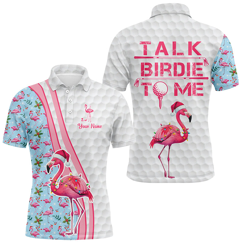 Funny Men's Golf Polo Shirt - Custom Pink Flamingo Design, Blue Christmas Golf Shirt, Talk Birdie to Me N8992