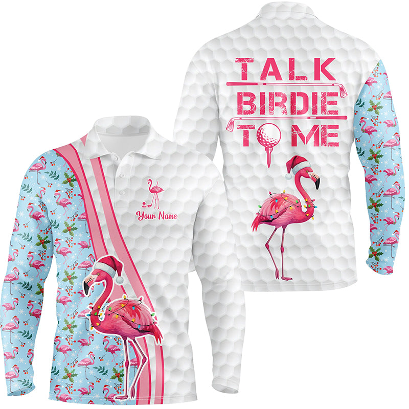 Funny Men's Golf Polo Shirt - Custom Pink Flamingo Design, Blue Christmas Golf Shirt, Talk Birdie to Me N8992