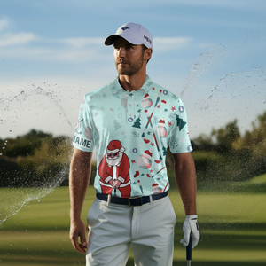Festive Golf Pattern Mint Men's Polo Shirt - Santa Golfing Top for Men - Christmas Golf Gift L1025