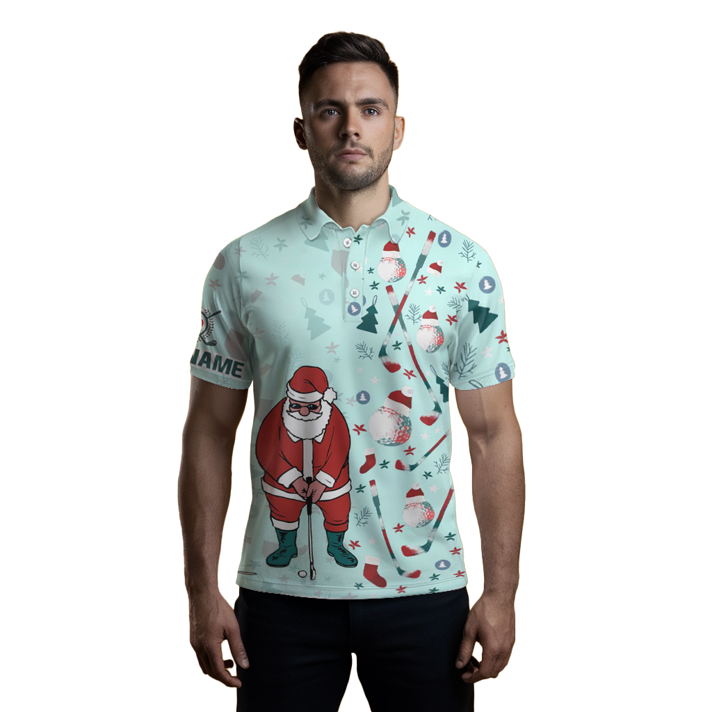 Festive Golf Pattern Mint Men's Polo Shirt - Santa Golfing Top for Men - Christmas Golf Gift L1025