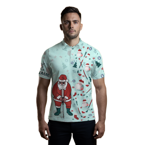 Festive Golf Pattern Mint Men's Polo Shirt - Santa Golfing Top for Men - Christmas Golf Gift L1025