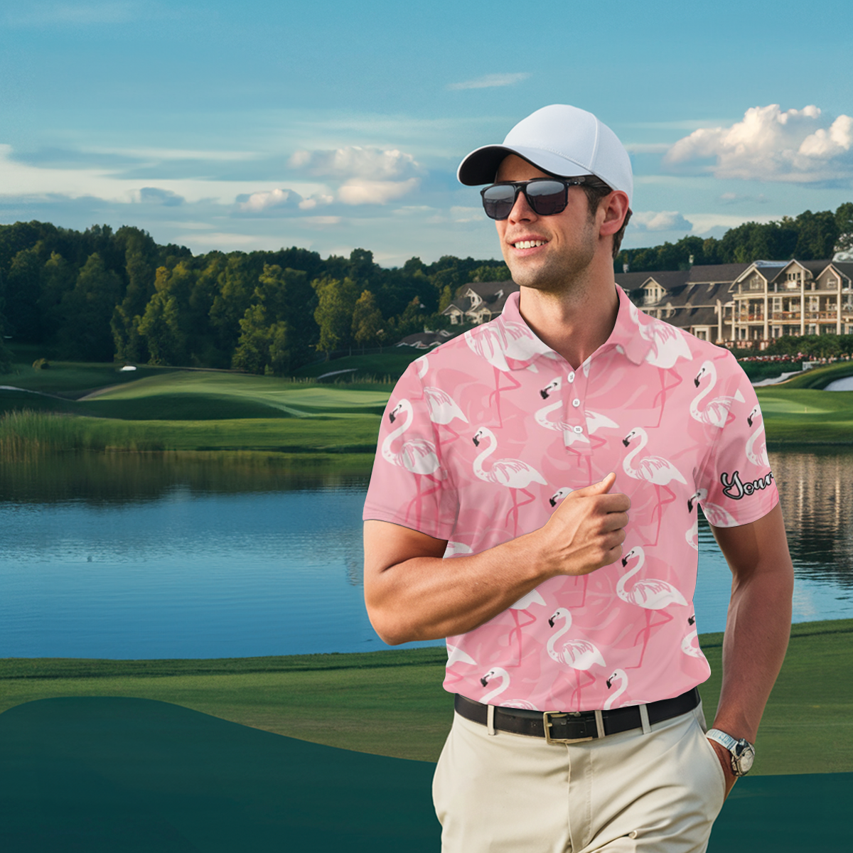 Custom Men's Pink Flamingo Pattern Golf Polo Shirt with UPF Protection - Personalized Gift Option N3695