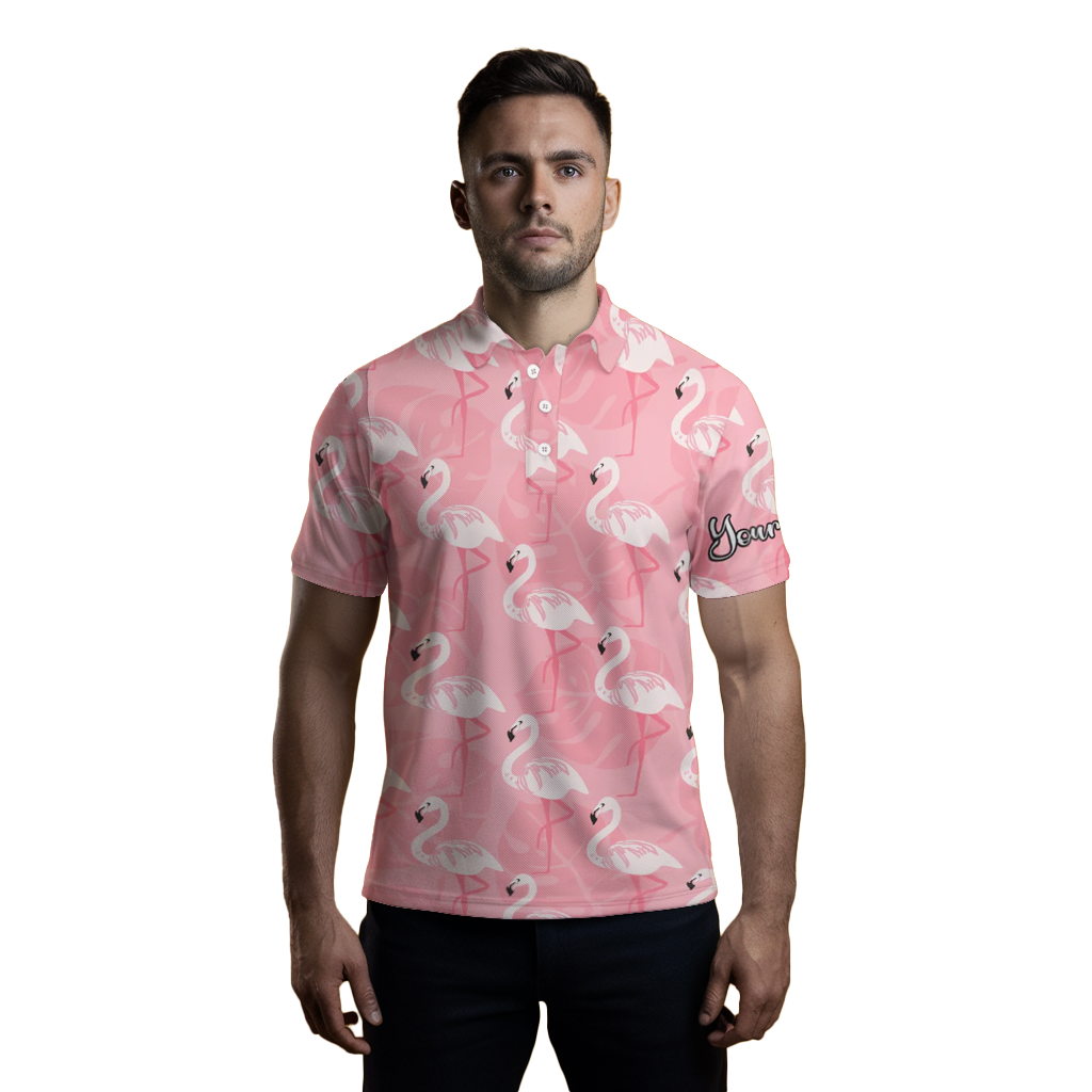 Custom Men's Pink Flamingo Pattern Golf Polo Shirt with UPF Protection - Personalized Gift Option N3695