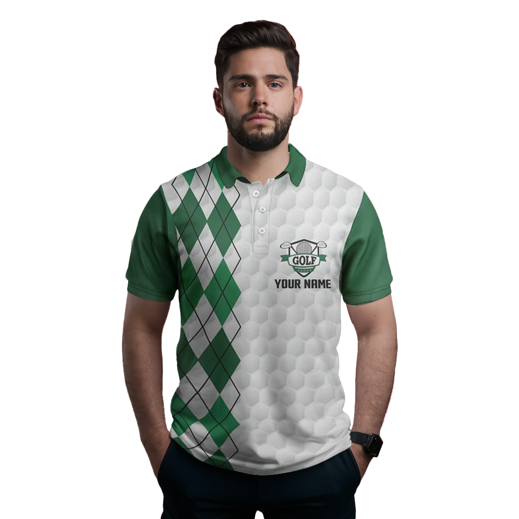Men's Custom Name White Golf Polo with Green Argyle Pattern N5490