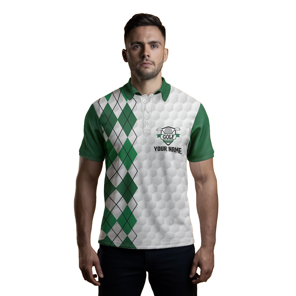 Men's Custom Name White Golf Polo with Green Argyle Pattern N5490