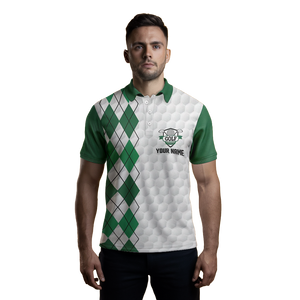 Men's Custom Name White Golf Polo with Green Argyle Pattern N5490