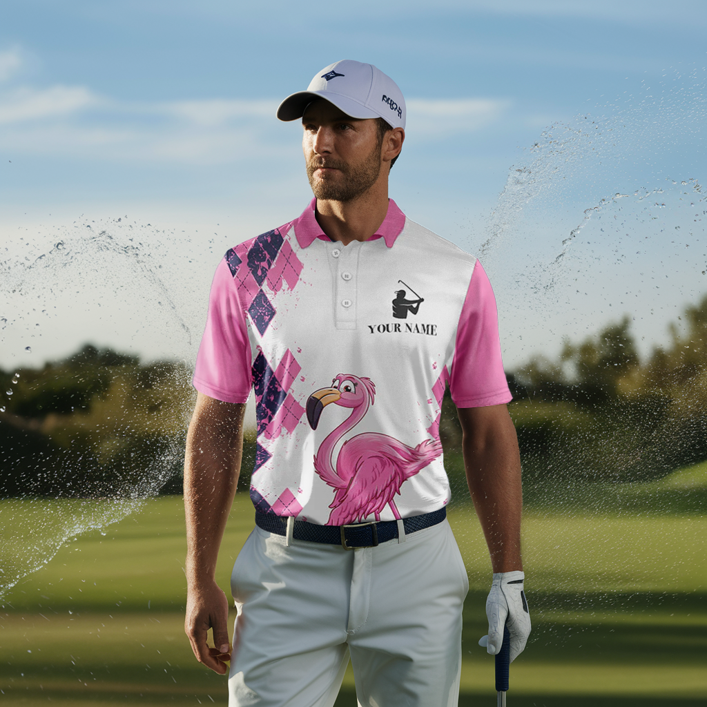 Pink Argyle Pattern Flamingo Custom Men's Golf Polo Shirt - Golf Enthusiast's Choice N7426