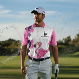 Pink Argyle Pattern Flamingo Custom Men's Golf Polo Shirt - Golf Enthusiast's Choice N7426