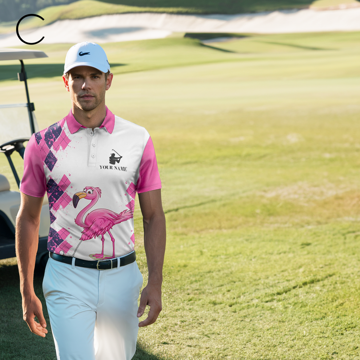Pink Argyle Pattern Flamingo Custom Men's Golf Polo Shirt - Golf Enthusiast's Choice N7426