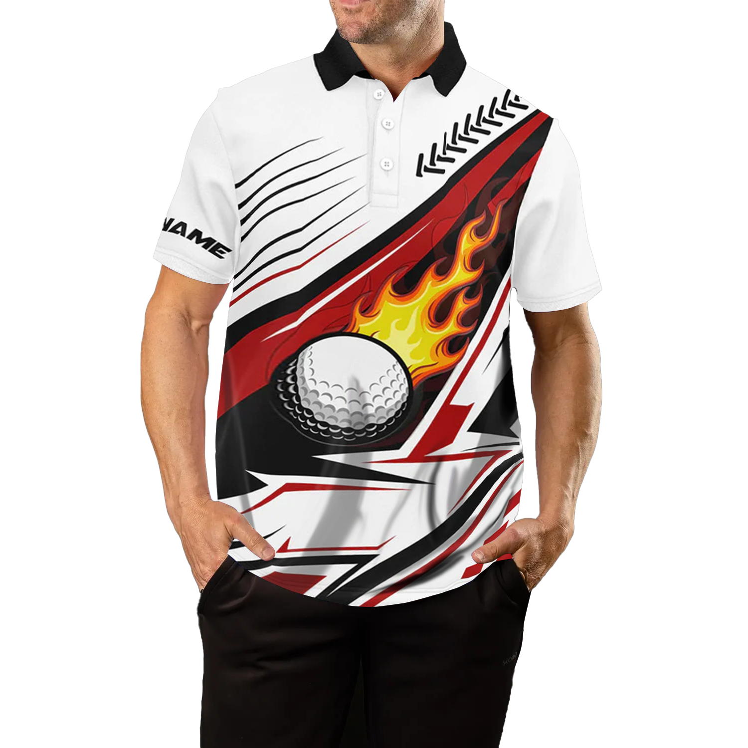 Men's White Golf Ball Flame Polo Shirt | Custom Golf Apparel | Unique Golf Gifts | Red N7485