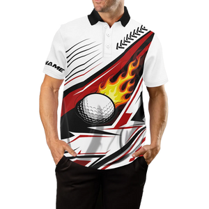 Men's White Golf Ball Flame Polo Shirt | Custom Golf Apparel | Unique Golf Gifts | Red N7485