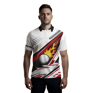 Men's White Golf Ball Flame Polo Shirt | Custom Golf Apparel | Unique Golf Gifts | Red N7485