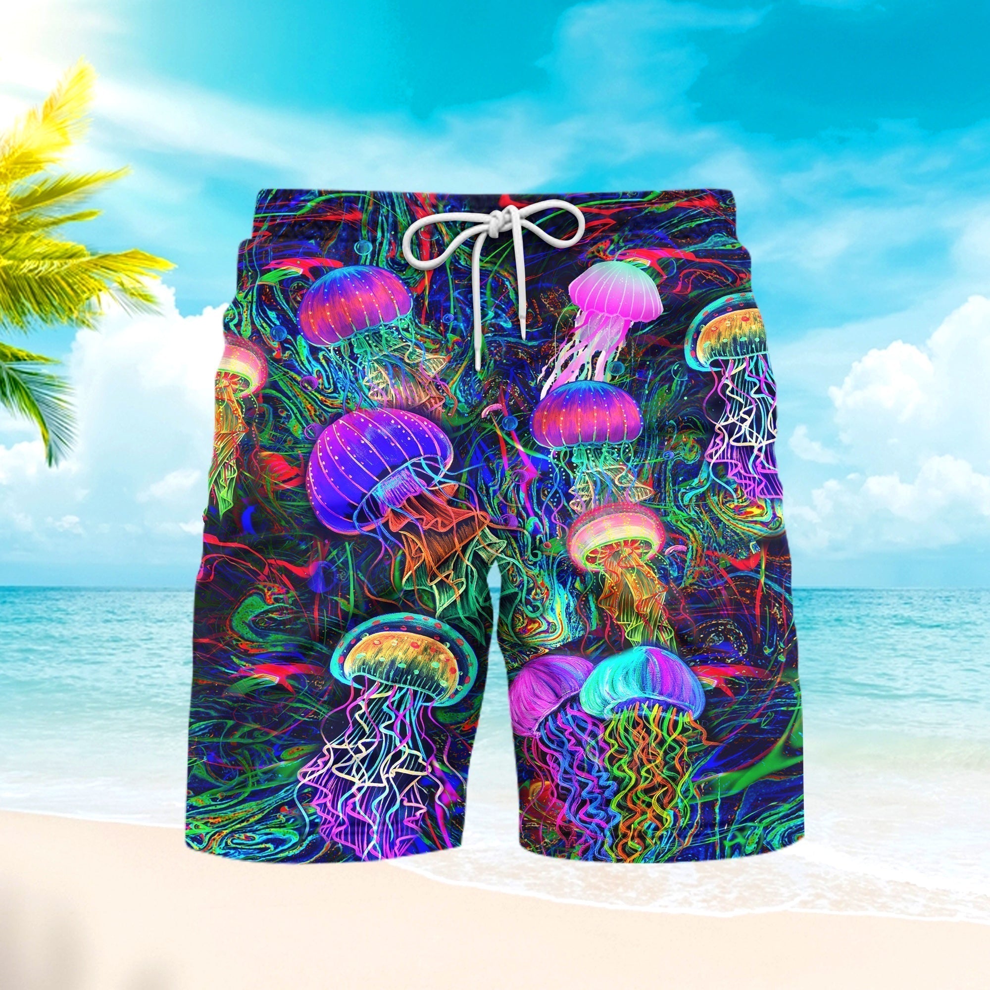 Neon Jellyfish Under The Sea Beach Shorts For Men