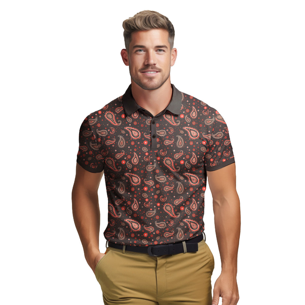 Brown Paisley Polo Shirt For Men 