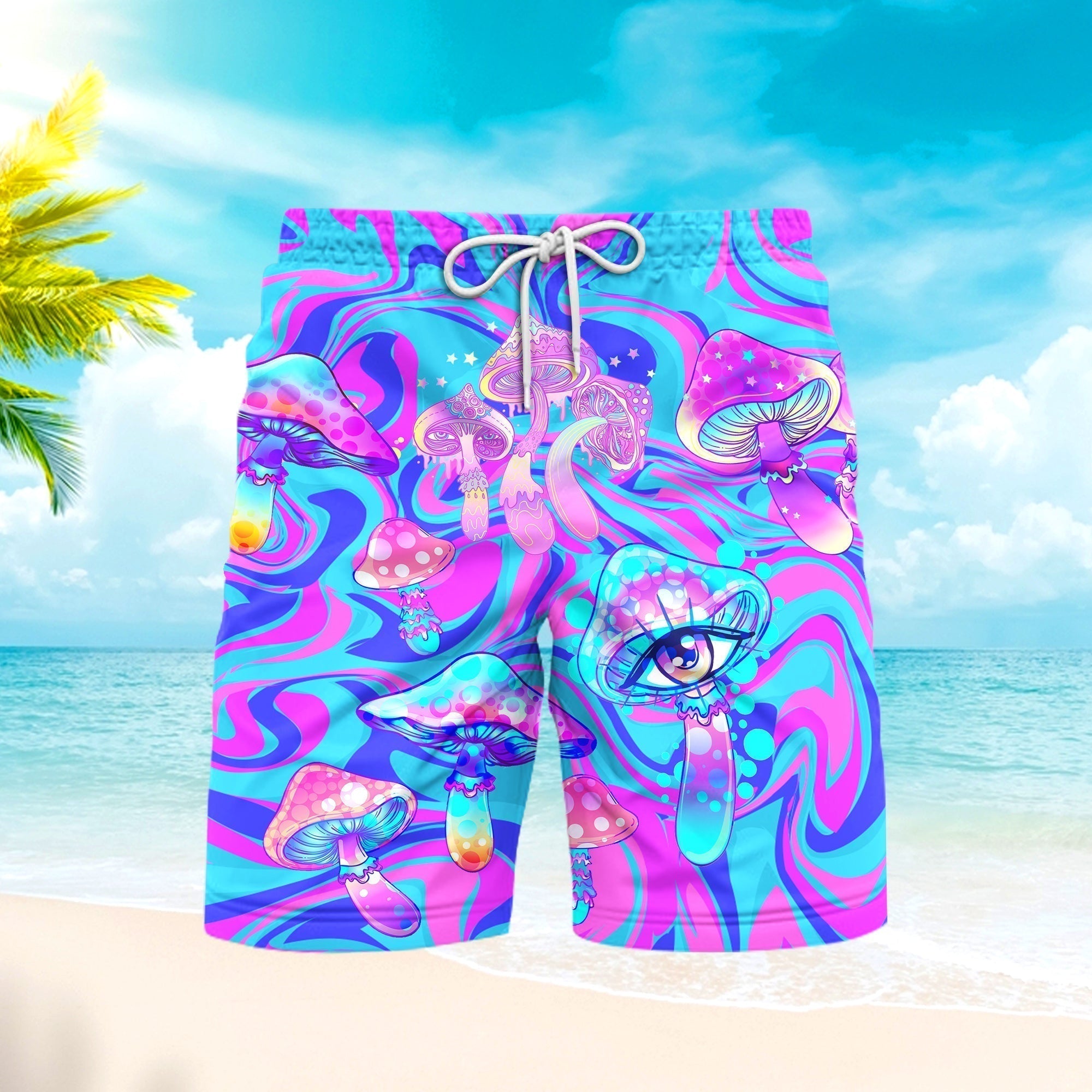 Psychedelic Art Magic Mushroom Trippy Hippie Beach Shorts For Men