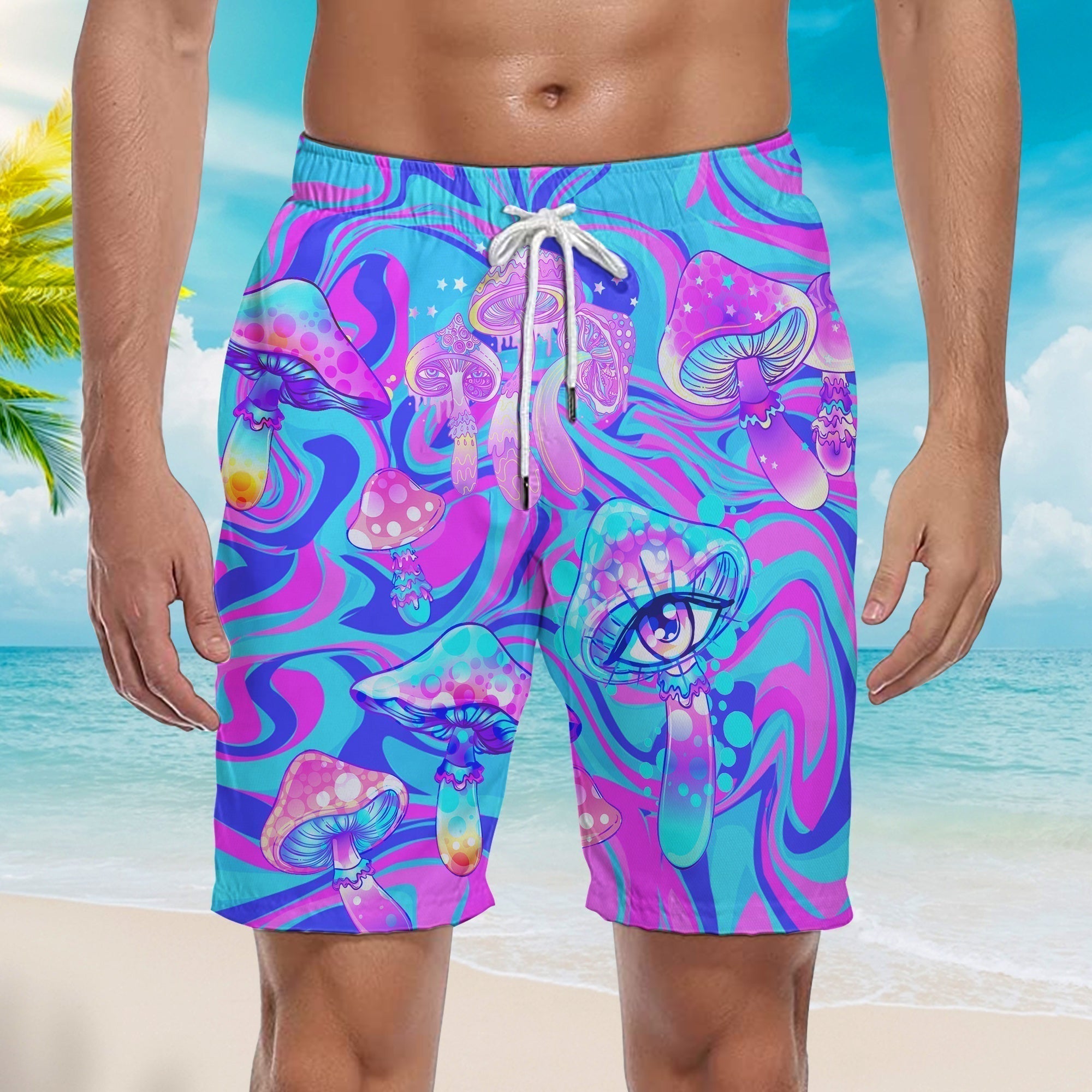 Psychedelic Art Magic Mushroom Trippy Hippie Beach Shorts For Men