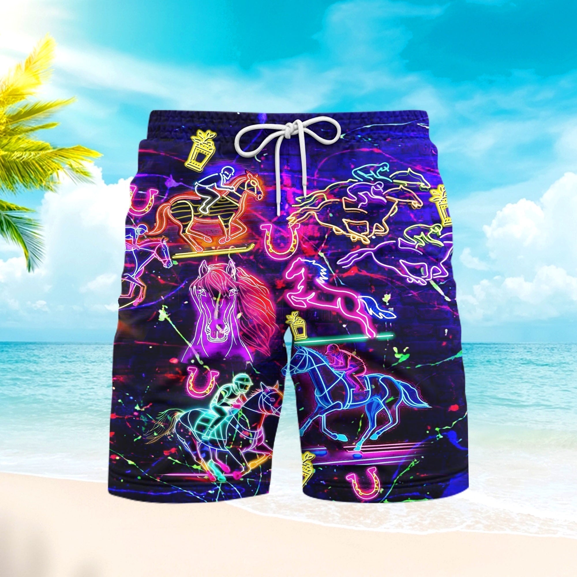 Racing Horse Neon Beach Shorts For Men