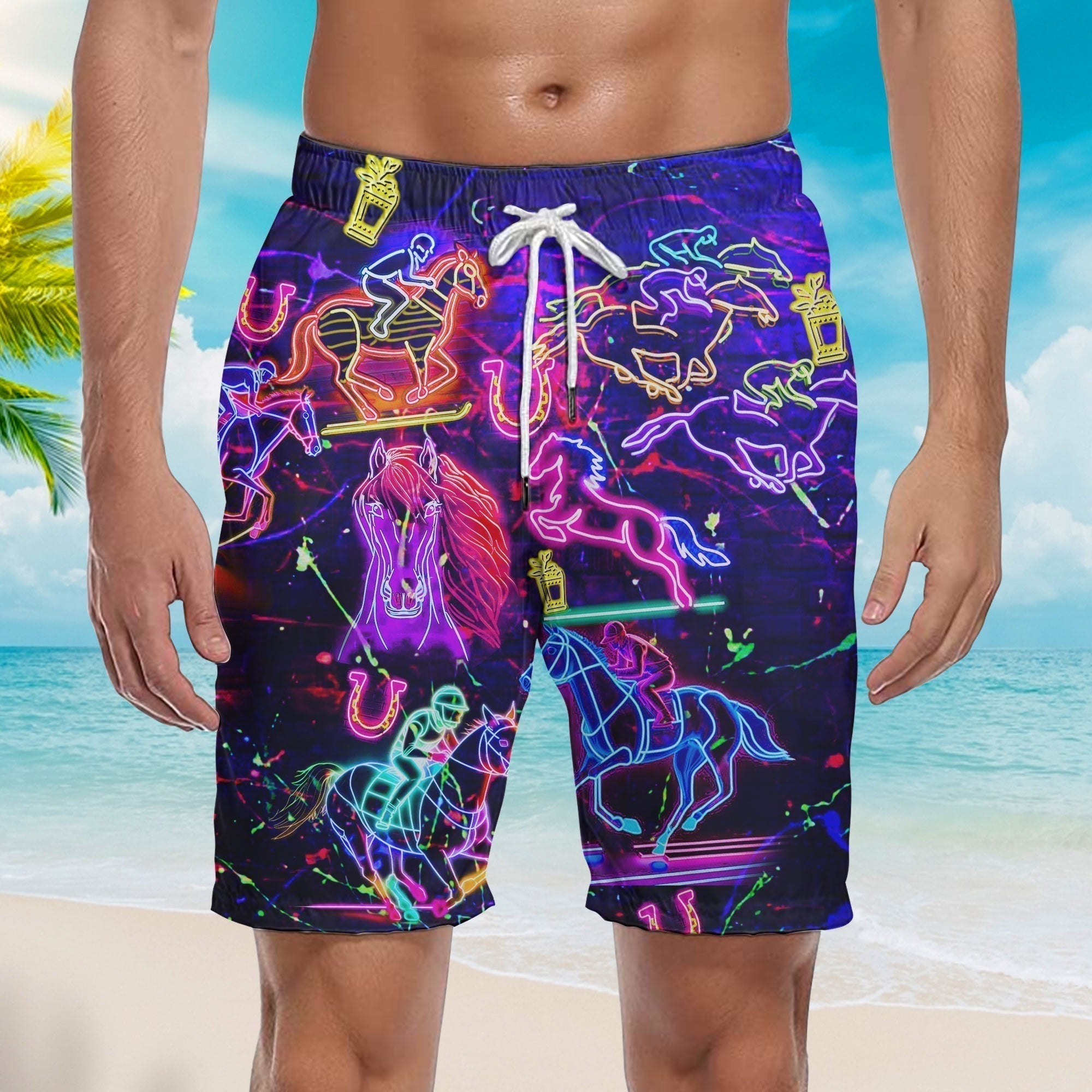 Racing Horse Neon Beach Shorts For Men
