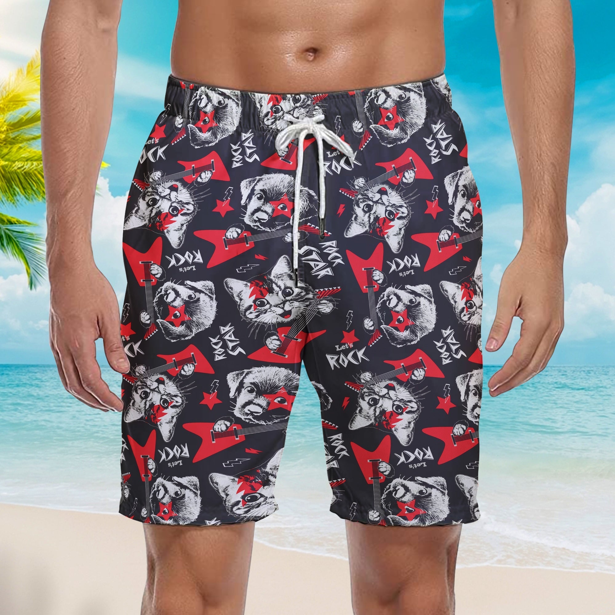 Cat Dog Play Rock On Electric Guitar Beach Shorts For Men