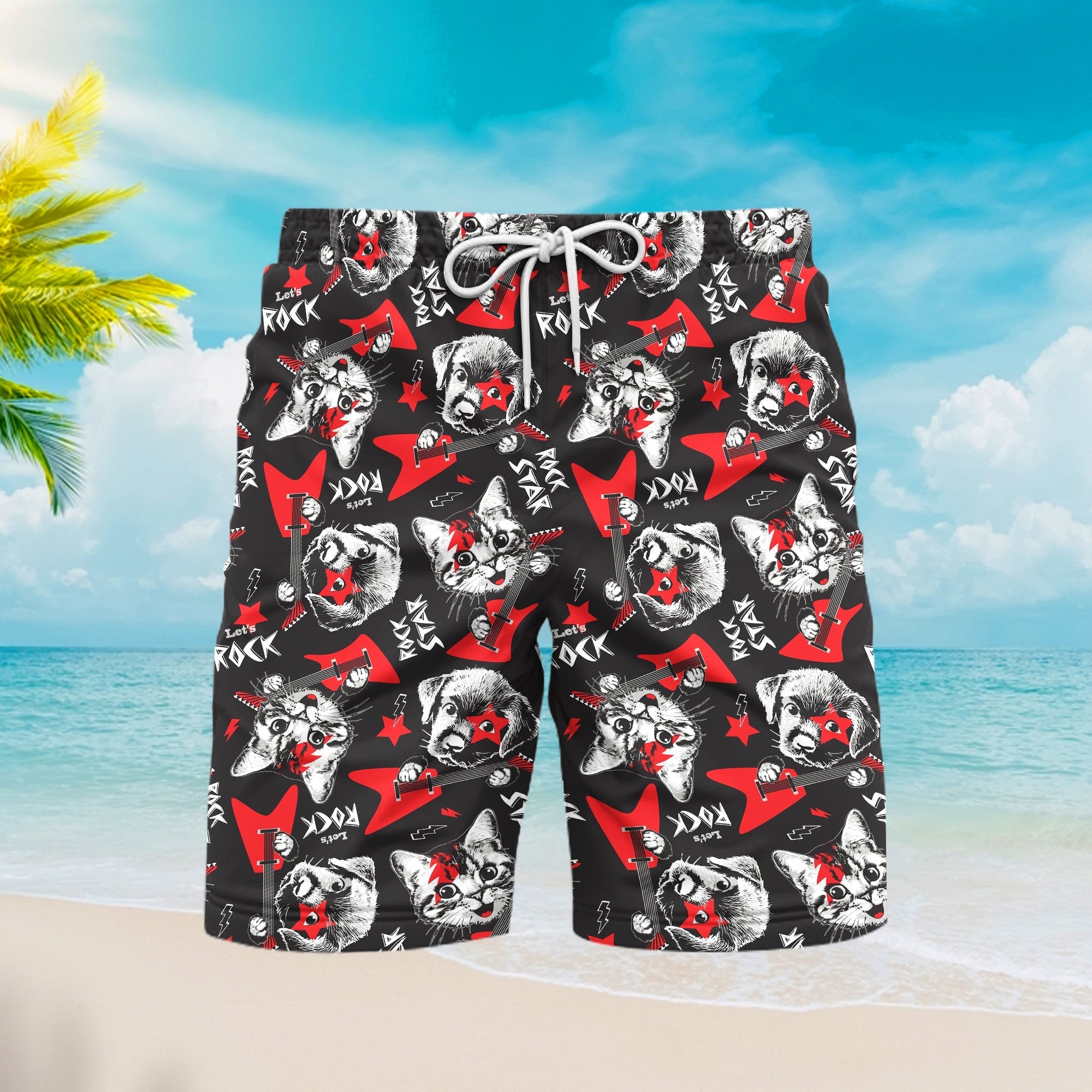 Cat Dog Play Rock On Electric Guitar Beach Shorts For Men