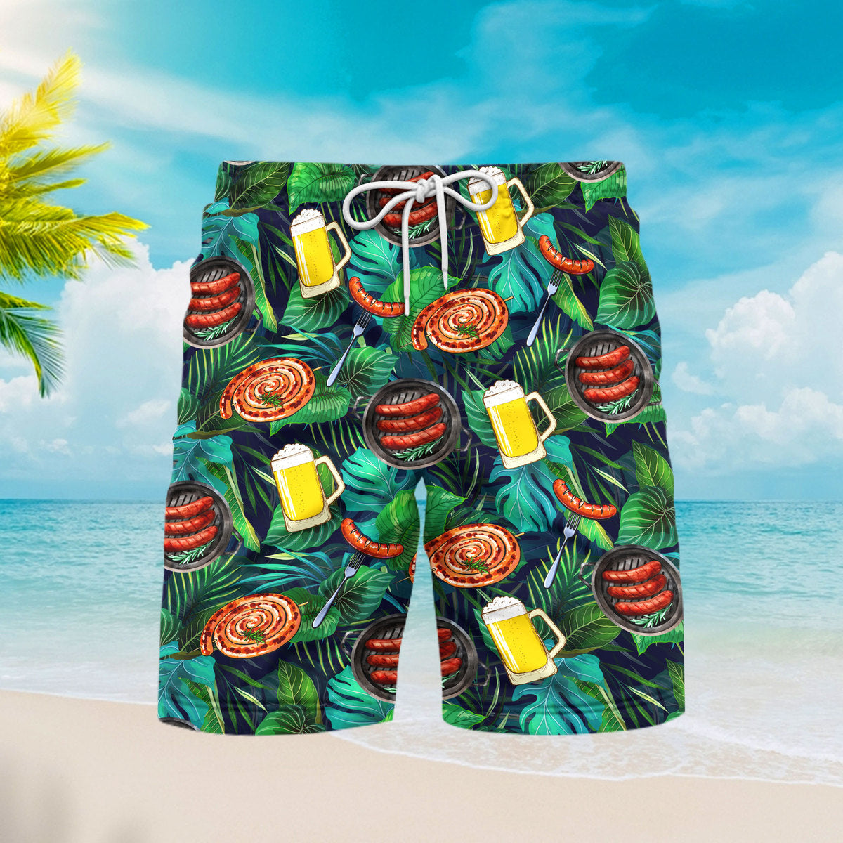 Oktoberfest Sausages And Beer Big Set Of Barbeque Party Food Palm Leaves Pattern Beach Shorts For Men