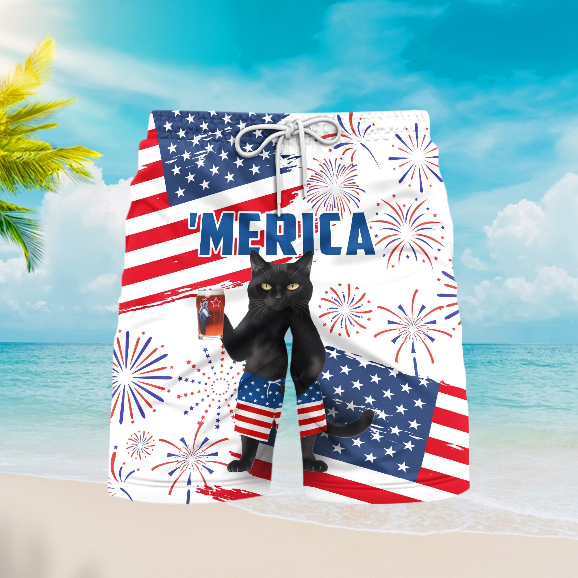 Independence Day 4th Of July Black Cat Beach Shorts For Men