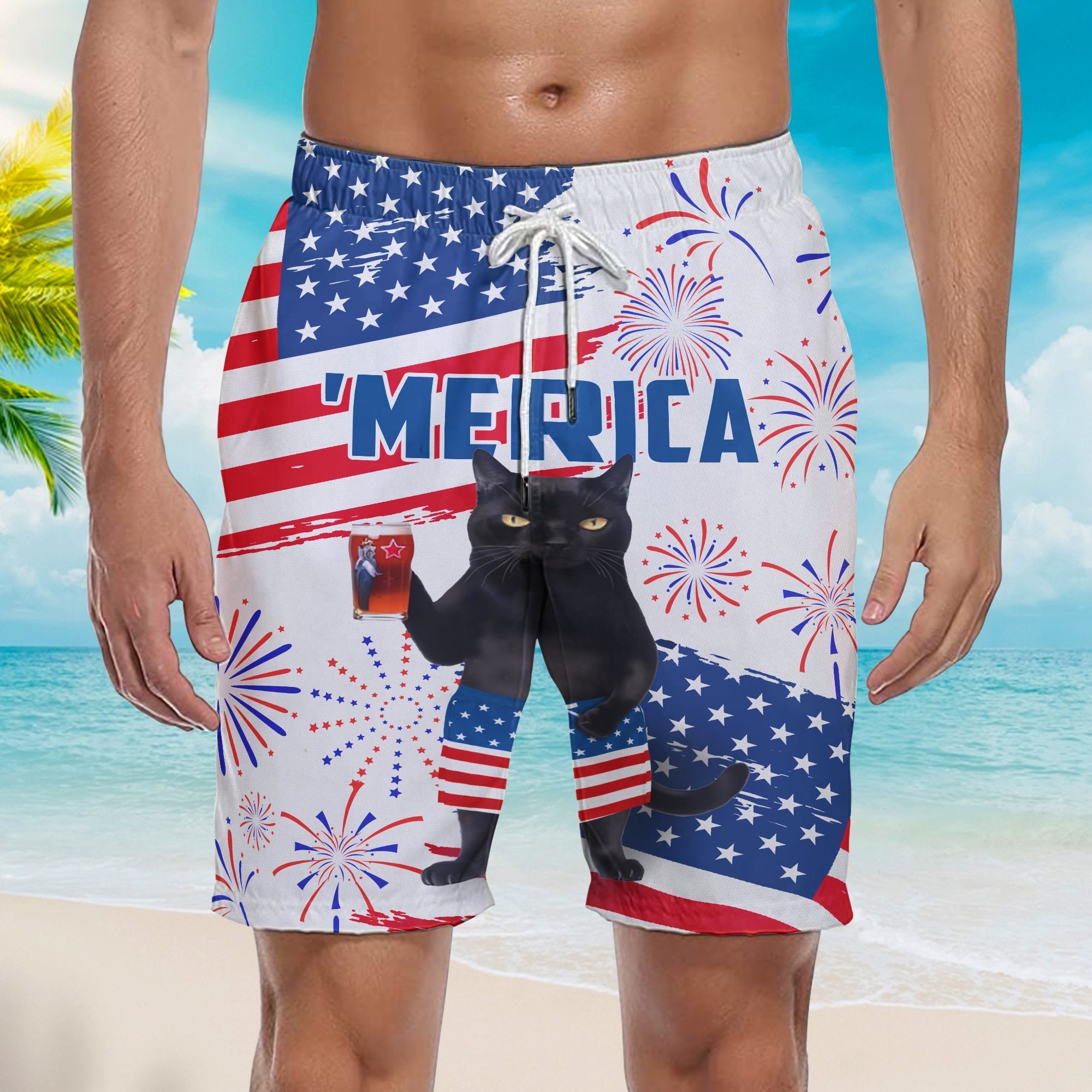 Independence Day 4th Of July Black Cat Beach Shorts For Men