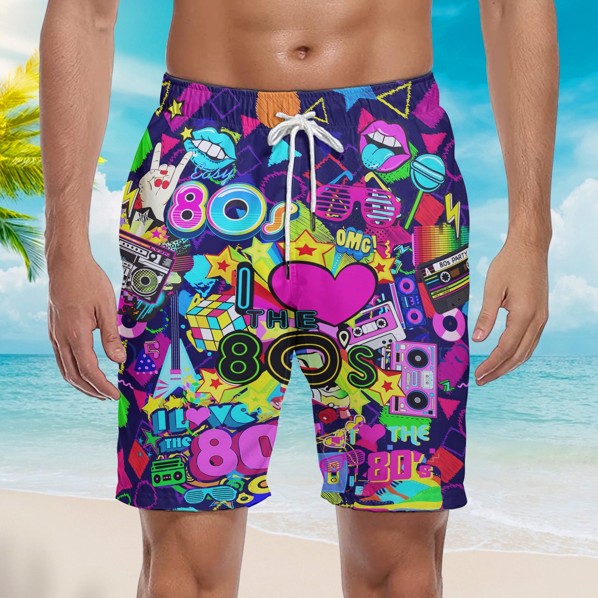 I Love The 80s Music Party Beach Shorts For Men
