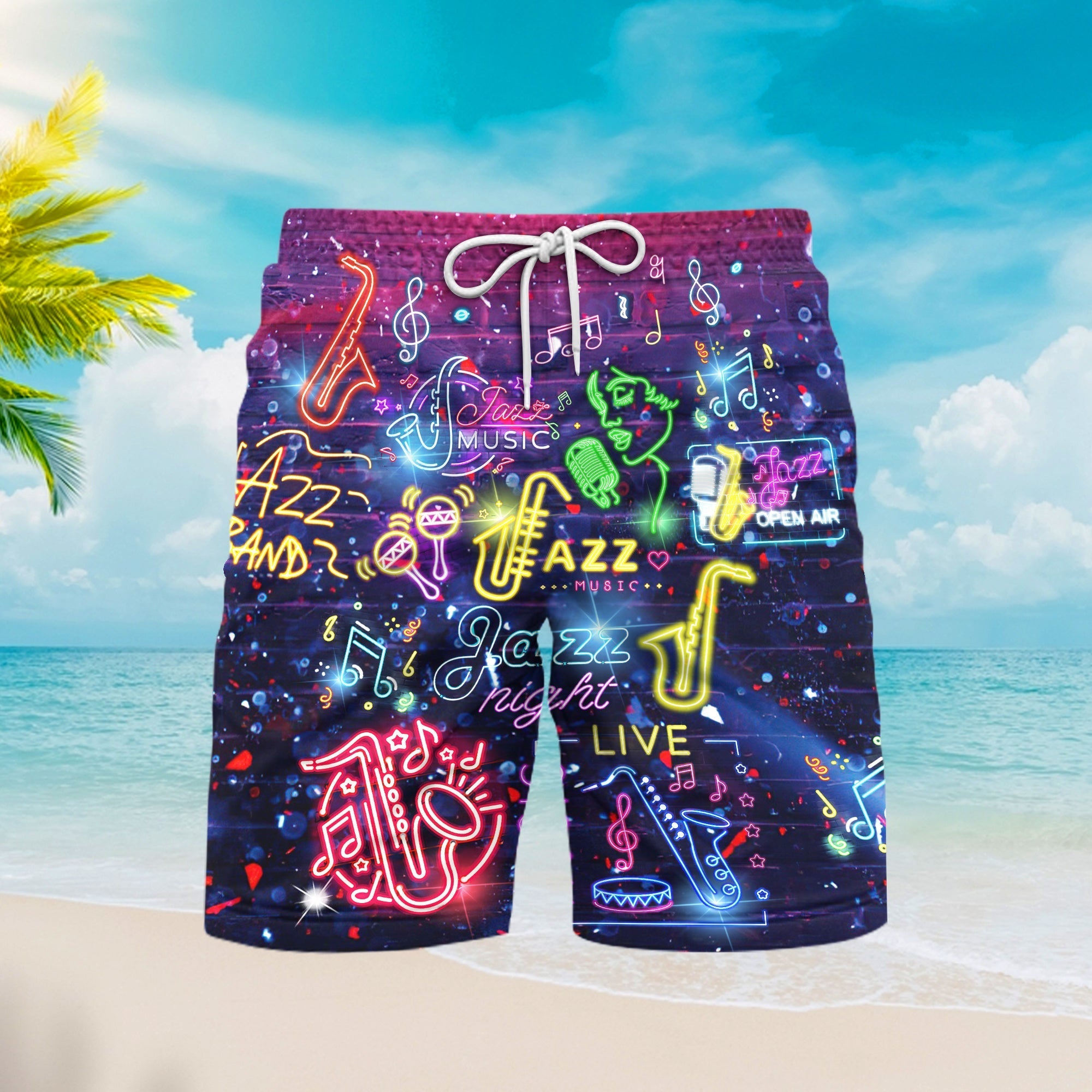 Neon Trombone Love Jazz Music Beach Shorts For Men