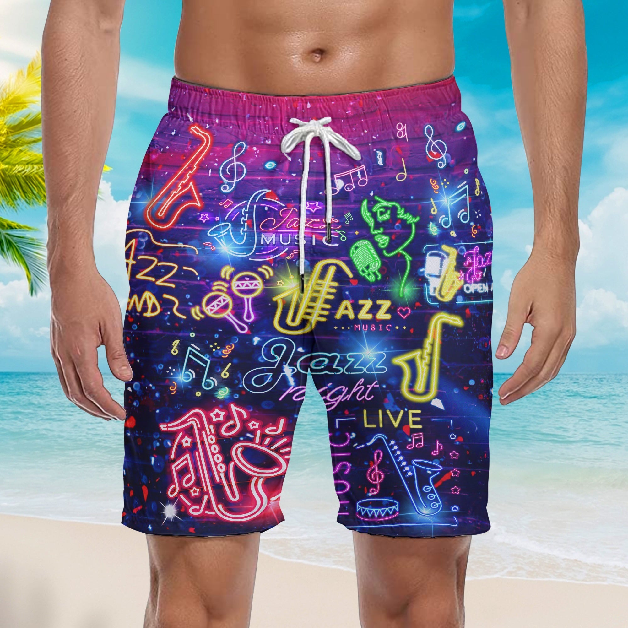 Neon Trombone Love Jazz Music Beach Shorts For Men