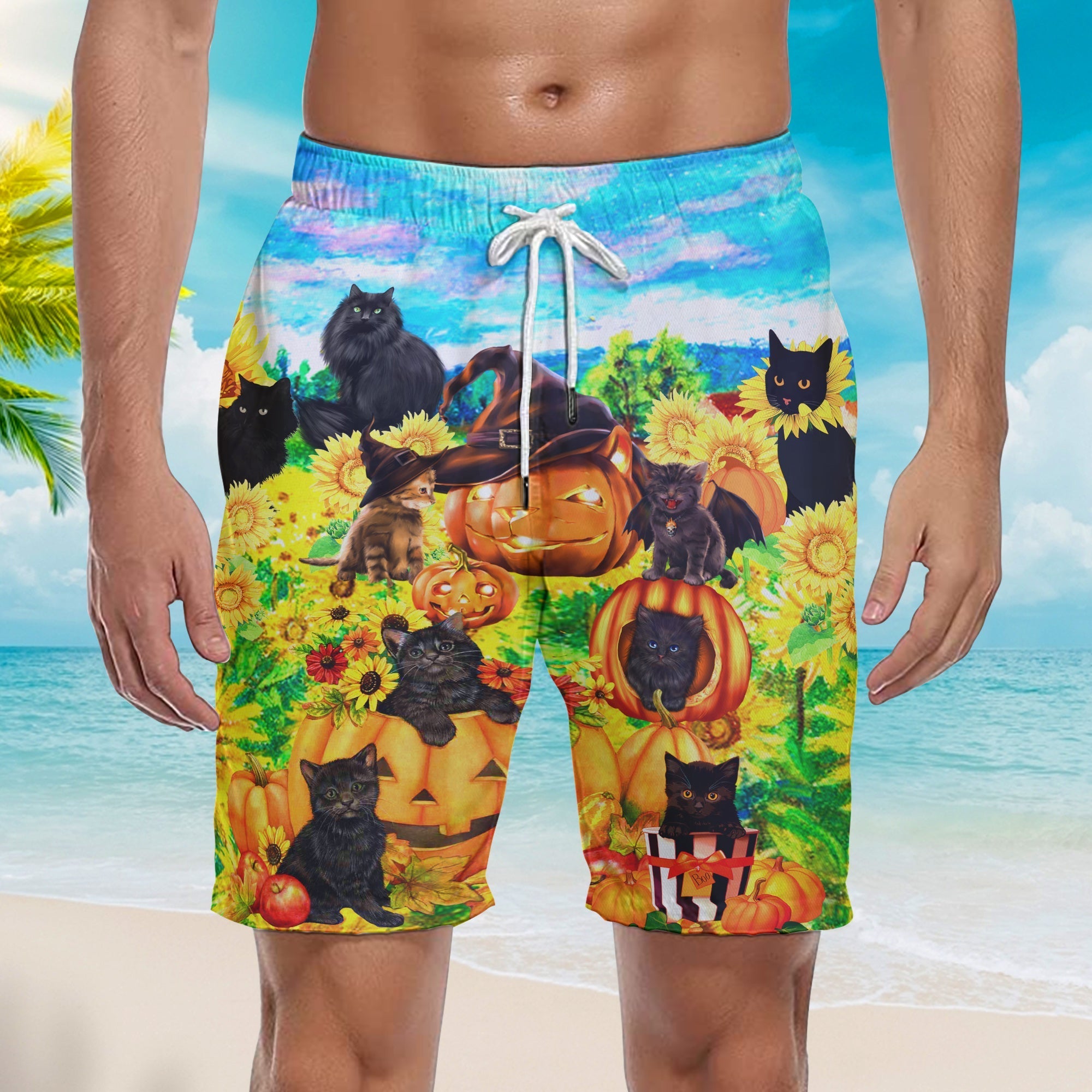 Black Cat Love Sunflower Pumpkin Beach Shorts For Men