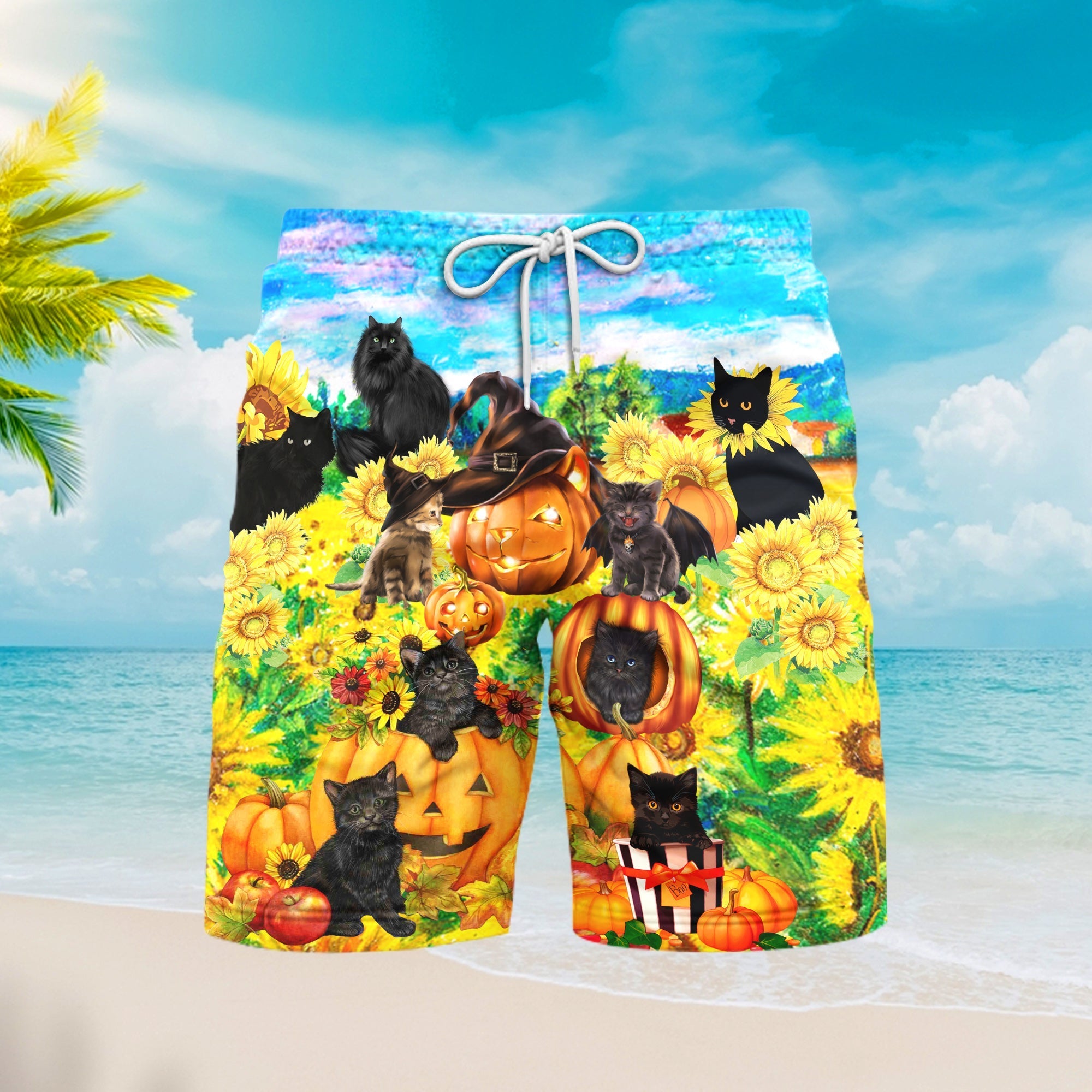 Black Cat Love Sunflower Pumpkin Beach Shorts For Men