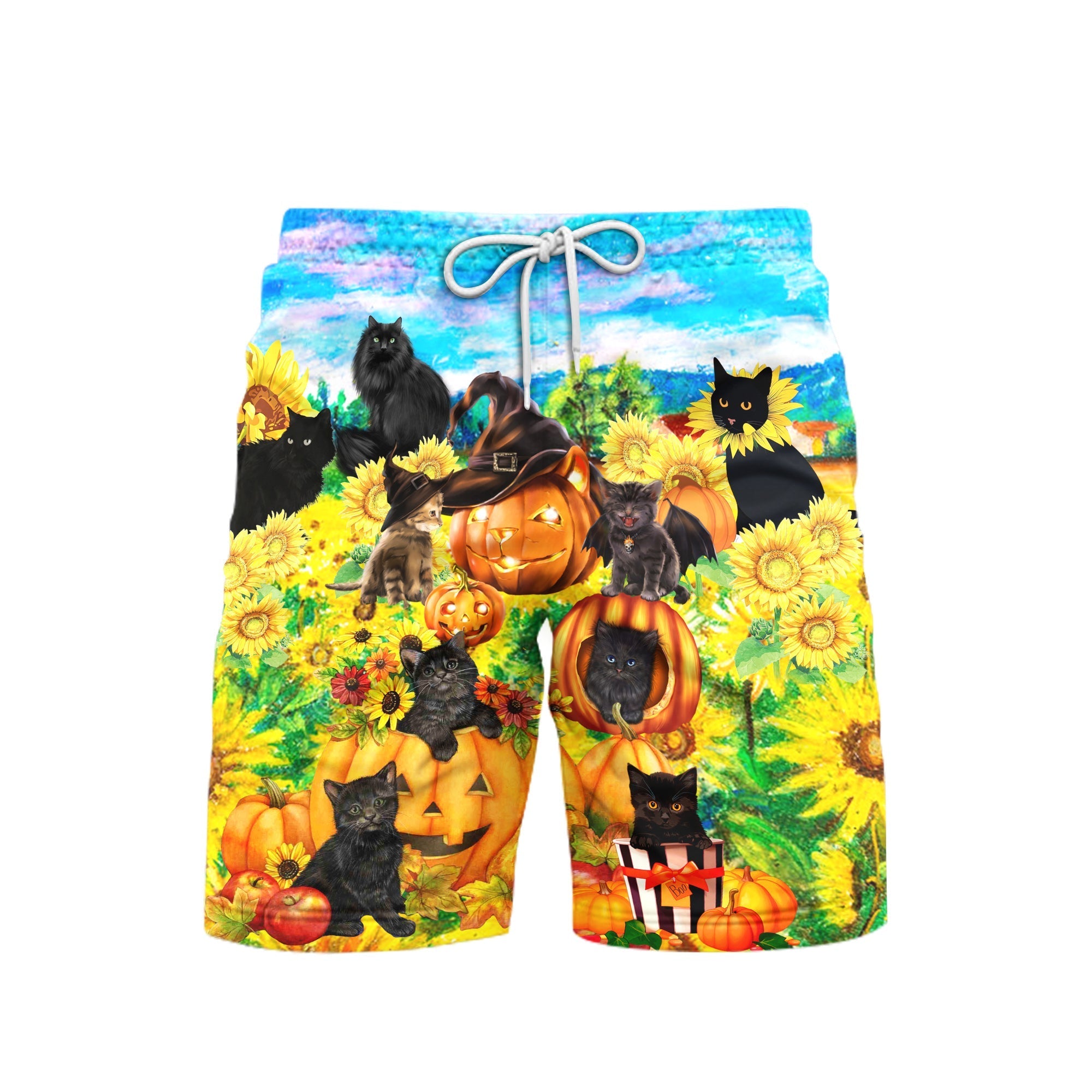 Black Cat Love Sunflower Pumpkin Beach Shorts For Men