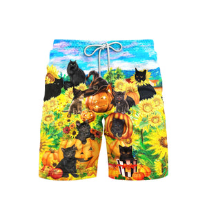 Black Cat Love Sunflower Pumpkin Beach Shorts For Men