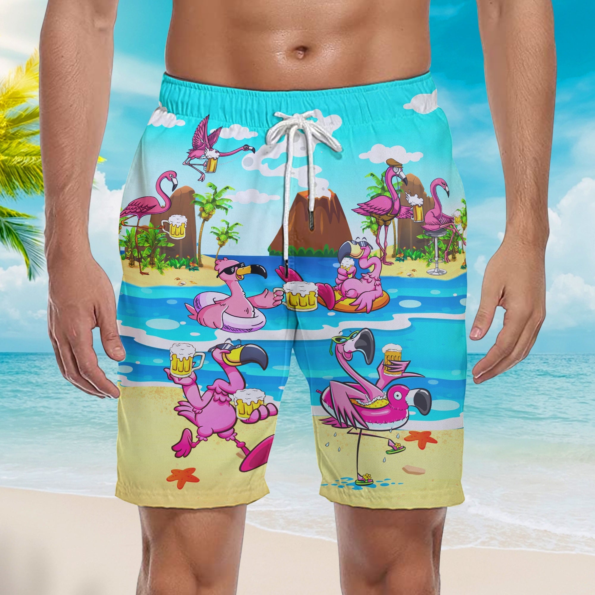 Flamingo Drinking Beer In Summer Beach Shorts For Men