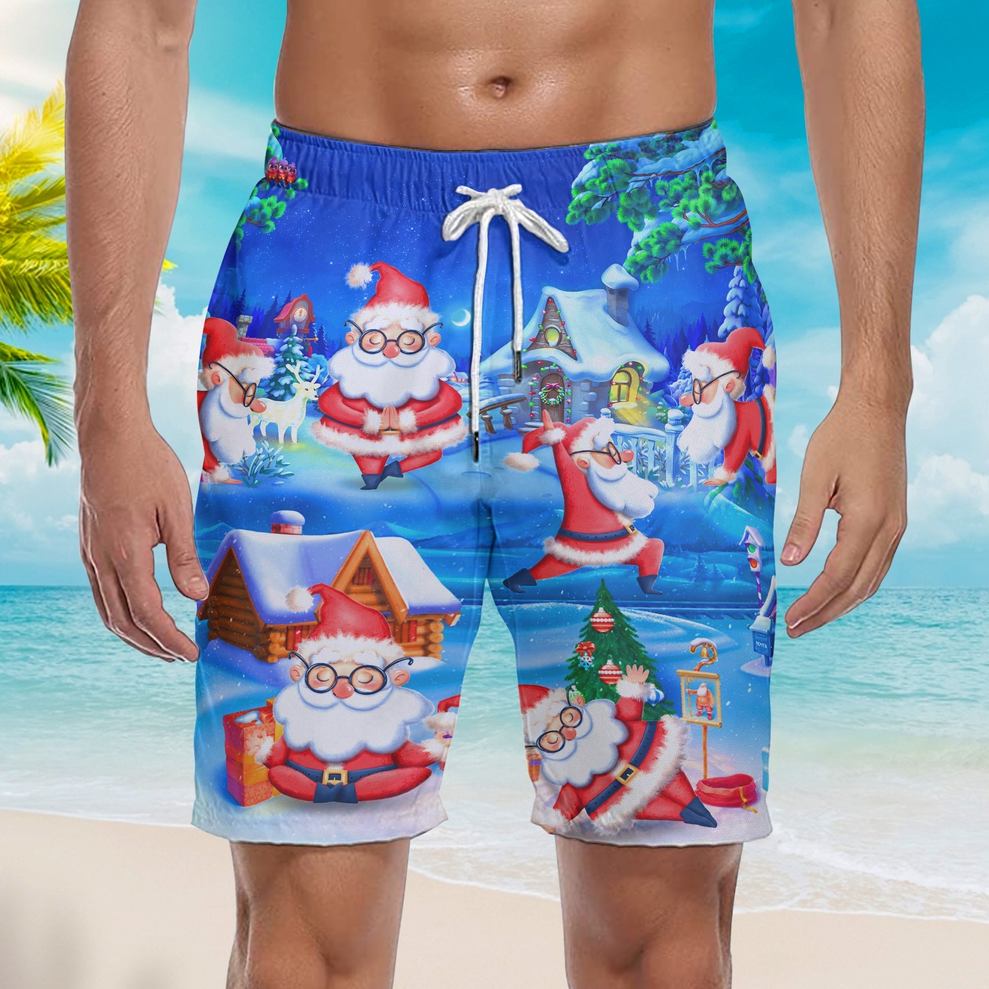 Santa Yoga Merry Christmas Beach Shorts For Men