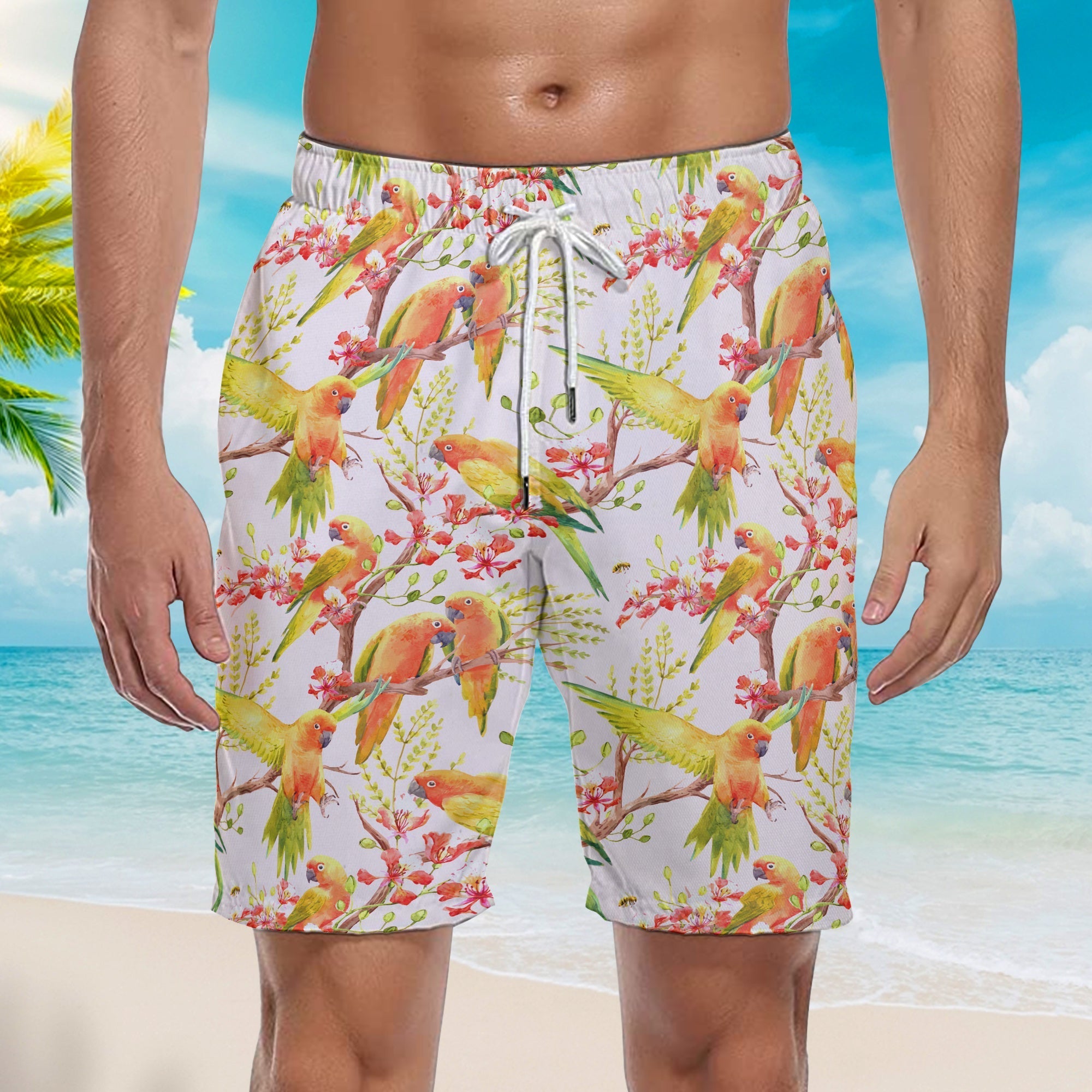 Parrots Flower Beach Shorts For Men